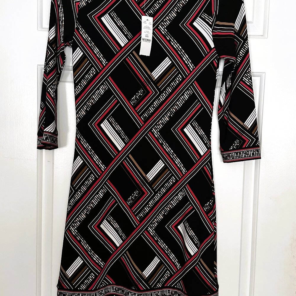 NWT Womens White House Black Market Black w/Auburn Quarter Sleeve Dress Size XXS